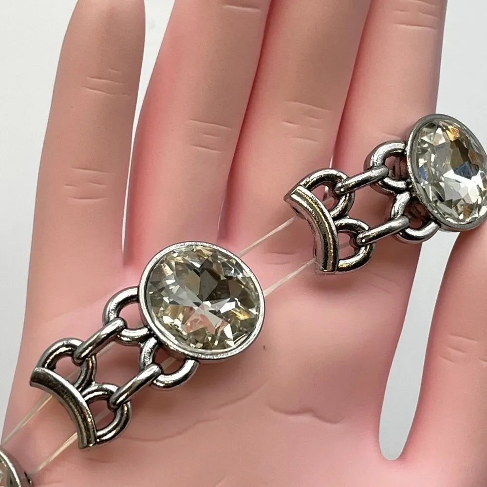 Silver Tone White Round Cut Glass Rhinestone Stretch Bracelet Boho Bold Fashion